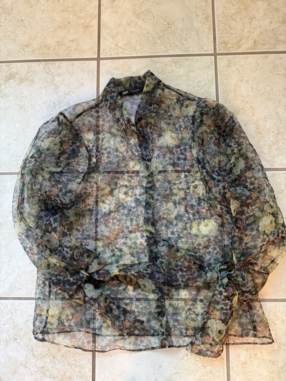 Zara Sheer Floral Button-Down Blouse in Yellow and Brown size M - Picture 4 of 6
